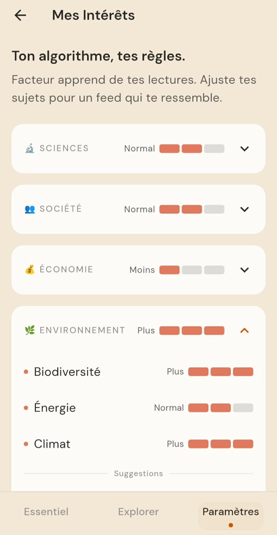Contrôle des intérêts et filtres