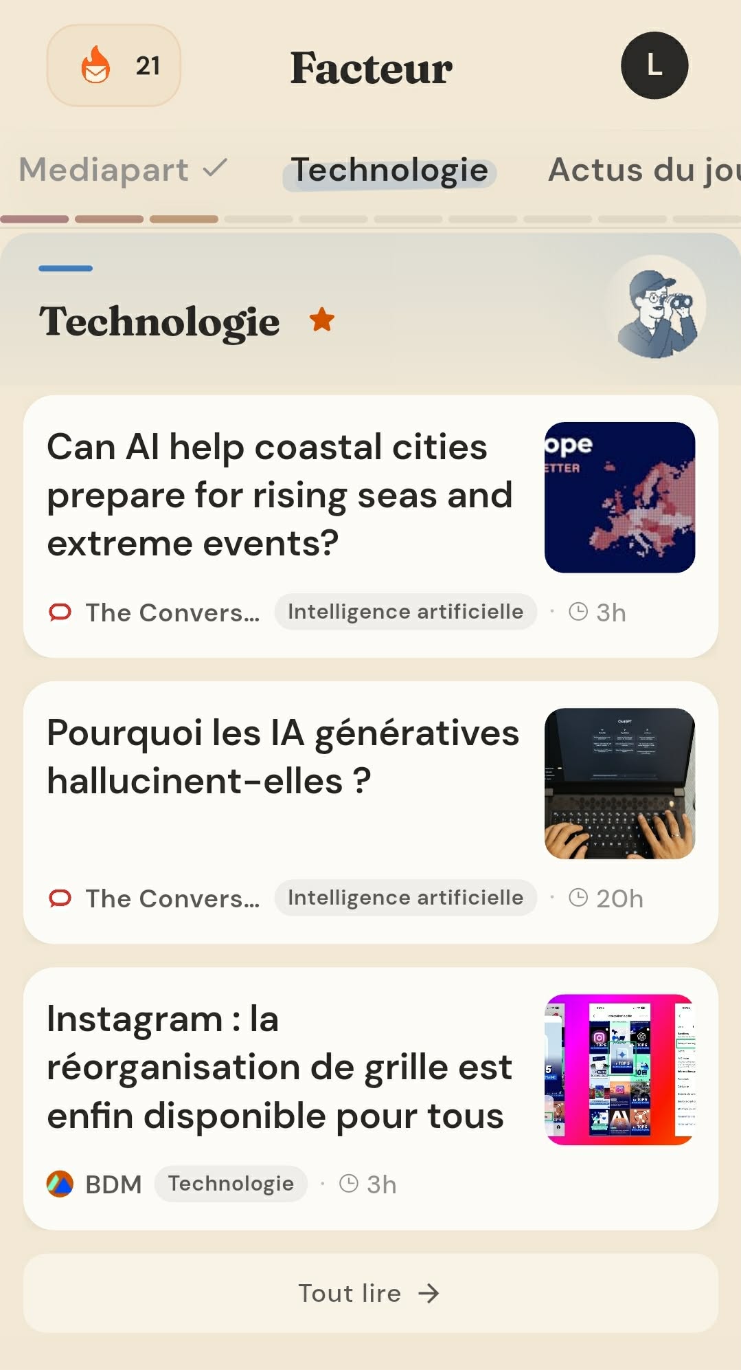 Page d'accueil, tes infos du matin